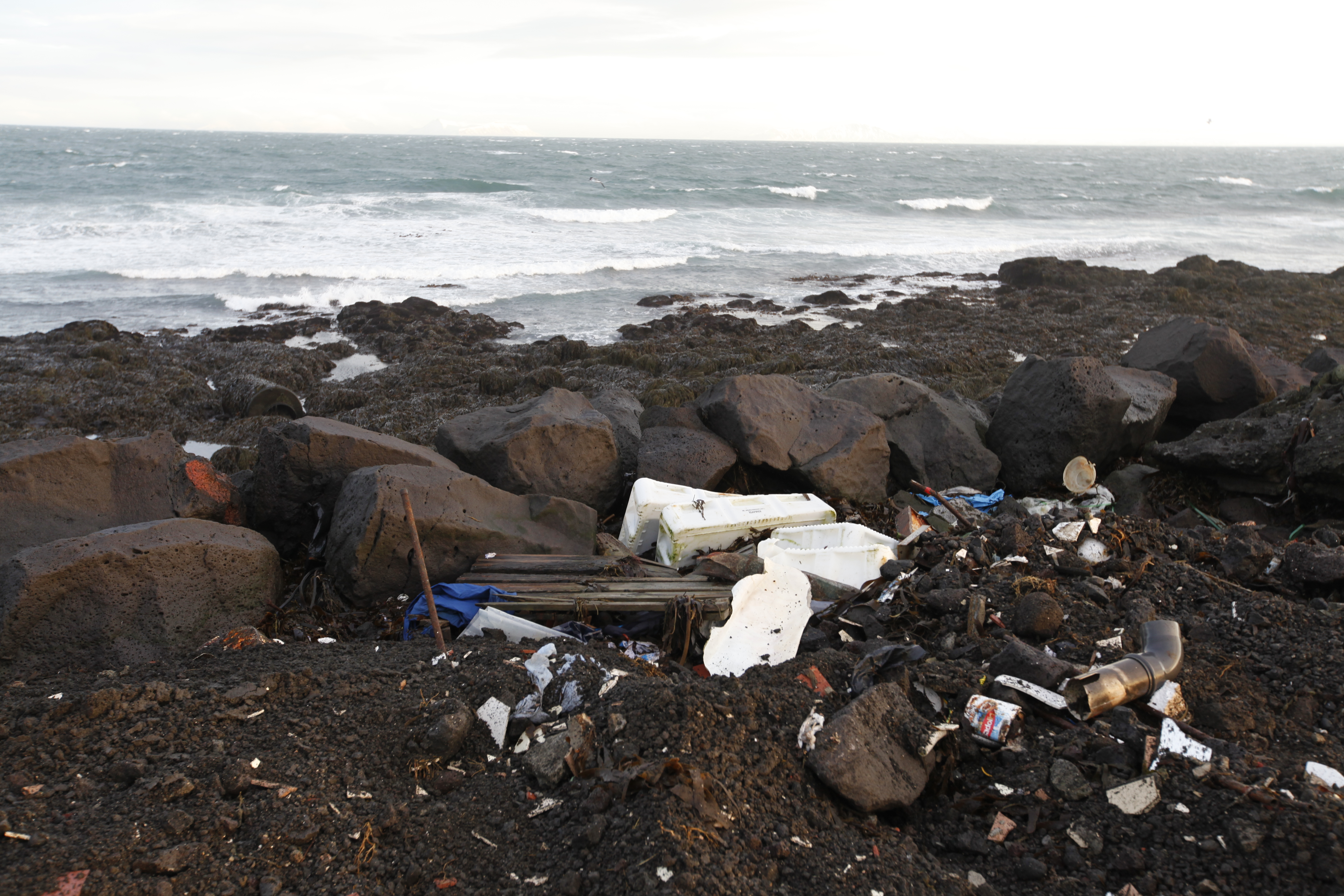 Rusl úr sjónum dreifðist yfir lóðina