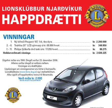 Peugeot bifreið í Lionsjólahappdrætti