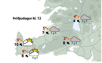 Hvöss austanátt á morgun með rigningu